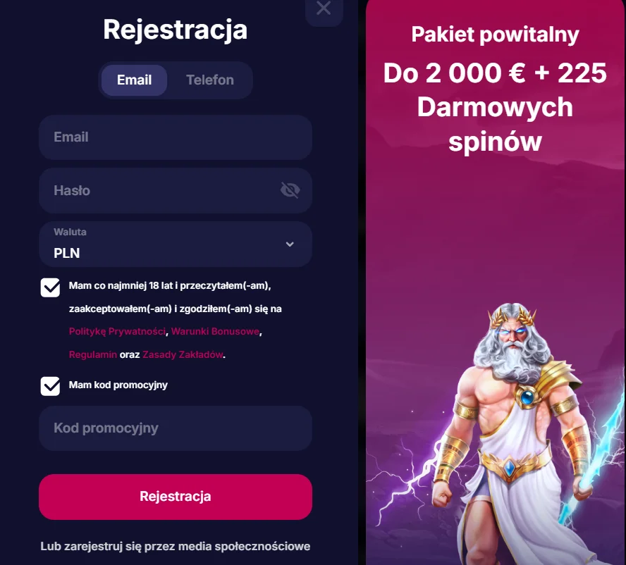 Pole na kod promocyjny w formularzu rejestracji kasyna.