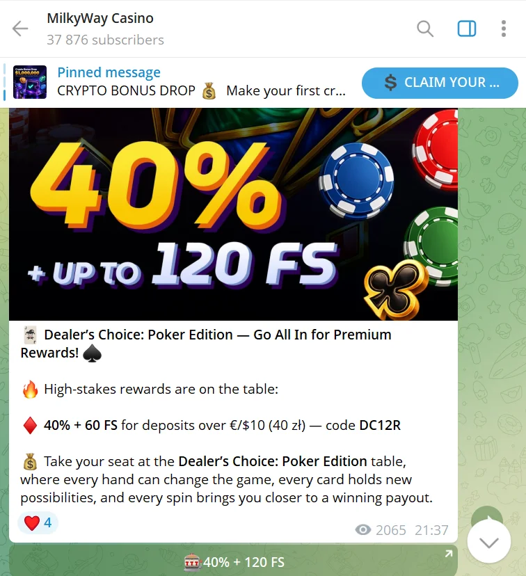 Kody bonusowe publikowane na oficjalnym kanale Telegram kasyna.
